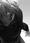  1boy absurdres blood blood_on_face cowboy_shot email2140 glowing glowing_eye gojou_satoru gradient_background greyscale highres jacket jujutsu_kaisen long_sleeves male_focus monochrome open_mouth short_hair solo standing 