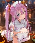  1girl absurdres arm_under_breasts blood blood_from_mouth blood_on_clothes blood_on_face bow breasts cleavage grey_hair hair_bow halloween hand_up hat heterochromia highres jack-o&#039;-lantern large_breasts leaning_forward mappaninatta nurse nurse_cap orange_bow original patchwork_skin pink_hair purple_eyes red_eyes short_sleeves solo stitches twintails 