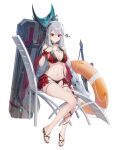  1girl arknights bare_legs bare_shoulders bikini black_bikini black_choker blue_headwear breasts case chair choker cleavage closed_mouth cryturtle frilled_bikini frills frown hair_ornament hairpin hat hat_removed headwear_removed highres innertube large_breasts legs long_hair looking_at_viewer low_twintails navel red_bikini red_eyes sandals scrunchie sitting skadi_(arknights) skadi_the_corrupting_heart_(arknights) skindentation solo stomach string_bikini swimsuit sword thigh_strap thighs twintails two-tone_bikini very_long_hair weapon white_hair wrist_scrunchie 