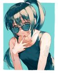  1girl absurdres after_god aqua_background bandage_on_face bandages bandaid bandaid_on_arm bandaid_on_face bandaid_on_nose bare_shoulders black_hair black_tank_top blood blood_on_bandages blood_on_face border collarbone deep_(deep4946) hand_on_own_chin hand_up high_ponytail highres kamikura_waka leaning_forward light_frown long_hair looking_at_viewer outside_border ponytail scratches sidelocks solo sunglasses tank_top triangle-shaped_pupils upper_body very_long_hair white_border 