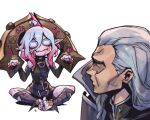  1boy 1girl ahoge belt black_belt black_jacket blood_on_mouth briar_(league_of_legends) closed_mouth colored_sclera colored_skin commentary detached_sleeves feet grey_hair hair_between_eyes hair_slicked_back jacket league_of_legends long_hair looking_at_another looking_at_viewer no_pupils phantom_ix_row pink_hair pointy_ears red_sclera sidelocks simple_background sitting spread_legs swain_(league_of_legends) symbol-only_commentary toeless_footwear toes vampire white_background white_eyes wrist_cuffs 