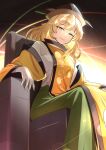  absurdres armchair blonde_hair chair constellation_print detached_sleeves green_skirt hat highres long_sleeves looking_at_viewer matara_okina rinkaito1231 sitting skirt tabard touhou wide_sleeves yellow_eyes 