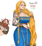  1boy 1girl absurdres allen_skies arm_tattoo asymmetrical_hair beard blonde_hair blue_dress blue_eyes blush braid breasts cleavage closed_eyes dress english_text facial_hair god_of_war god_of_war_ragnarok hand_in_own_hair heart highres huge_breasts lips long_hair mature_female meme sif_(god_of_war) simple_background tattoo thor_(god_of_war) twitter_strip_game_(meme) twitter_username very_long_hair white_background wide_hips 