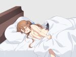  1boy 1girl :o bed blue_bow blue_hair blush bow brown_hair closed_eyes commentary eiyuu_densetsu hair_bow hakuleg implied_cunnilingus long_hair lying nude on_side pillow rean_schwarzer sen_no_kiseki simple_background symbol-only_commentary towa_herschel under_covers 