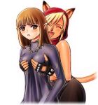  2girls :3 :d ^_^ animal_ears animal_nose annoyed archived_source avatar_(ff11) bare_shoulders belt black_gloves black_pants blunt_bangs breasts brown_belt brown_eyes brown_hair cat_ears cat_girl cat_tail closed_eyes covered_nipples crossover dress dungeons_&amp;_dragons:_shadow_over_mystara dungeons_and_dragons fangs final_fantasy final_fantasy_xi fingerless_gloves furrowed_brow gloves gnome gnome_shopkeeper_(d&amp;d:som) grabbing grabbing_another&#039;s_breast grabbing_from_behind hood hood_up jewelry long_hair long_sleeves looking_back medium_breasts mithra_(ff11) multiple_girls necklace open_mouth pants parted_lips pointy_ears purple_dress short_hair simple_background smile studded_gloves tail taisai_soft turtleneck_dress white_background yuri 