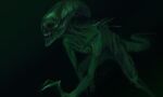  2019 akrolayn alien alien_(franchise) allfours ambiguous_gender black_background black_eyes digital_media_(artwork) digital_painting_(artwork) feral green_body green_skin green_tail light lighting open_mouth quadruped shaded sharp_teeth simple_background solo tail teeth walking xenomorph 