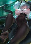  1girl :d absurdres aqua_eyes arknights arms_up black_pantyhose blurry blurry_background blush buruma cameltoe coat covered_navel depth_of_field grey_hair hair_intakes head_wings high-waist_pantyhose highres ho&#039;olheyak_(arknights) knee_up looking_at_viewer luosicheng_5 nipples no_panties no_shoes open_clothes open_coat open_mouth pantyhose short_hair smile soles solo toes white_coat wings 