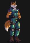  2022 adamlord anthro bulge canid canine chest_tuft claws clothed clothing digital_media_(artwork) dipstick_tail epic_games feet fennix_(fortnite) fingers fortnite fox fur gloves handwear hi_res holding_bulge jumpsuit male mammal markings orange_body orange_fur pecs simple_background solo tail tail_markings toe_claws toes tuft 