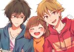  1girl 2boys :d black_hair blue_jacket blush brown_hair buddy_daddies closed_eyes controller family game_controller hair_ornament hairclip holding holding_controller holding_game_controller hood hoodie jacket kurusu_kazuki light_brown_hair locked_arms multiple_boys orange_eyes orange_sweater red_hoodie short_hair smile suwa_rei sweater tsukisaka_iro unasaka_miri upper_body white_background 