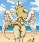  adora_(marsminer) anthro beach bikini butt clothing equid equine feathered_wings feathers female gold_bikini hi_res horn horse mammal marsminer pegasus rear_view seaside solo swimwear unicorn wings 