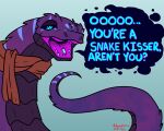  clothing digital_media_(artwork) english_text fangs feral hi_res looking_at_viewer male meme open_mouth redgreenfluffball reptile scales scalie scarf serpentine simple_background smile snake solo tail teeth text tongue zach_snowfox 