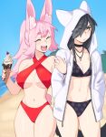  2girls :/ :d ^_^ animal_ear_fluff animal_ears animal_hood artist_name averting_eyes bare_arms bare_shoulders beach bikini bikini_under_clothes black_bikini black_choker black_hair blue_sky breasts chloe_(rob_ishi) choker cleavage closed_eyes collarbone cowboy_shot criss-cross_halter cross cross_necklace day drawstring facing_another food hair_over_one_eye halterneck hands_in_pockets highres holding holding_food hood hood_up hooded_jacket ice_cream_cone jacket jewelry large_breasts long_hair long_sleeves looking_to_the_side medium_breasts multiple_girls nail_polish navel necklace one_eye_covered open_clothes open_jacket original outdoors pink_hair ponytail print_bikini rabbit_ears rabbit_girl rabbit_tail red_bikini red_nails rob_ishi round_teeth short_eyebrows skull_print sky smile standing stomach studded_choker swimsuit tail teeth thick_eyebrows upper_teeth_only white_jacket yuri zipper_pull_tab 