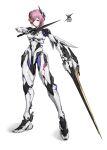  1girl absurdres android blue_eyes cable commentary_request ctpt9r dagger dual_wielding full_body highres holding joints knife looking_at_viewer original parted_lips pink_hair robot_girl robot_joints short_hair solo standing sword weapon white_background 