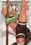  1girl abs absurdres animal_ears ass bandaged_arm bandaged_leg bandages breasts commentary dark-skinned_female dark_skin english_commentary grey_hair hair_between_eyes highres horns indie_virtual_youtuber leg_up medium_breasts muscular muscular_female navel notanubi sansin_jin scar short_hair shorts solo sweat tail twitter_username virtual_youtuber watermark yellow_eyes 