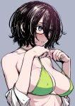  1girl bikini black_hair blush breasts brown_eyes clothes_down freckles glasses green_bikini grey_background hair_between_eyes highres large_breasts looking_to_the_side original parted_lips shirt short_hair simple_background sketch solo swimsuit upper_body wang-pac white_shirt 
