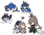  berry bird blue_eyes blue_hair brown_eyes brown_hair cat_girl dog eus_ing feather_hair_ornament feathers hair_intakes hair_ornament hololive hololive_english long_hair multicolored_hair multiple_girls nanashi_mumei nanashi_mumei_(1st_costume) ouro_kronii owl ponytail scarf shared_clothes shared_scarf shirt short_hair streaked_hair tail virtual_youtuber white_background yarn yarn_ball 