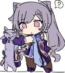  1girl ? absurdres animal animalization braid cat chibi cone_hair_bun confused double_bun dual_persona eyes_visible_through_hair full_body genshin_impact gloves hair_between_eyes hair_bun hair_ornament highres holding holding_animal keqing_(genshin_impact) long_hair parted_bangs purple_eyes purple_fur purple_gloves purple_hair sesield sidelocks simple_background single_braid sketch spoken_question_mark standing sweatdrop twintails white_background 