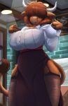  anthro apron ardail bar barista big_breasts bite biting_lip bodily_fluids bovid bovine breasts brown_hair cattle clothed clothing female fingers fully_clothed garter_belt garter_straps hair hair_over_eyes hi_res highland_cattle hooved_fingers hooves horn inside legwear mammal margaret_de_campos mice_tea solo standing stockings sweat tail tail_tuft tuft 