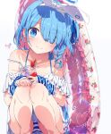  1girl absurdres arona_(blue_archive) bikini blue_archive blue_eyes blue_hair frilled_bikini frills hairband highres inflatable_toy multicolored_hair ogipote panties smile solo squatting striped striped_panties swimsuit two-tone_hair underwear 