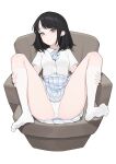  1girl absurdres black_hair chair character_request closed_mouth collared_shirt copyright_request ear_piercing grey_eyes highres lan_mao_akko looking_at_viewer medium_hair on_chair panties piercing pleated_skirt shirt simple_background sitting skirt smile socks spread_legs underwear white_background white_panties white_shirt 