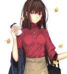  1girl aozaki_aoko autumn_leaves bag blue_eyes breasts brown_hair cowboy_shot cup disposable_cup earrings english_commentary expressionless handbag high-waist_skirt iro_(sekaixiro) jewelry large_breasts long_hair looking_at_viewer mahou_tsukai_no_yoru multiple_bracelets multiple_necklaces necklace off_shoulder red_sweater skirt solo sweater turtleneck turtleneck_sweater white_background 