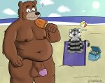  absurd_res anthro ball balls beach beach_ball bear dean_(password) duo embarrassed felid genitals half-erect hi_res inflatable male mammal moobs nipples nude outside pantherine penis seaside sebboh slightly_chubby standing tiger unaware 