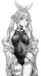  1girl animal_ears black_leotard breasts clothes_down collar covered_navel cowboy_shot fake_animal_ears greyscale hair_ribbon highres hololive inamimi_(sheep1733) leotard lone_nape_hair long_hair looking_at_viewer medium_breasts monochrome open_clothes rabbit_ears ribbon short_eyebrows sidelocks simple_background solo sweatdrop thick_eyebrows thigh_strap twintails usada_pekora virtual_youtuber white_background 