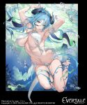  1girl air_bubble armpits arms_up blue_eyes blue_hair breasts bubble coral_reef evertale full_body hair_between_eyes highres large_breasts monster_girl navel official_art sage_joh solo_focus symbol-shaped_pupils tail underboob underwater 