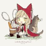  akakura animal_ears apple apron artist_name baguette black_footwear braid bread brown_hair bug butterfly cape chibi english_text fake_animal_ears food fruit fur_footwear gradient_background green_eyes hair_ribbon hood hoodie little_red_riding_hood long_hair open_mouth original paw_pose red_cape ribbon short_sleeves sidelocks simple_background sitting smile twin_braids white_apron wolf wolf_ears 