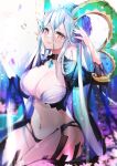  1girl absurdres aqua_hair blue_panties blue_shirt blue_thighhighs blush braid breasts choker cleavage cropped_shirt curled_horns fate/grand_order fate_(series) felnemo hair_between_eyes highleg highleg_panties highres horns jewelry large_breasts larva_tiamat_(fate) long_hair looking_at_viewer navel open_mouth panties pendant pink_eyes pointy_ears shirt shrug_(clothing) sidelocks sitting smile solo stomach_tattoo striped striped_sleeves striped_thighhighs symbol-shaped_pupils tail tattoo thighhighs thighs tiamat_(fate) underwear very_long_hair wariza 
