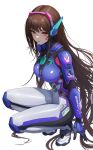  1girl absurdres animal_print blue_bodysuit bodysuit breasts brown_eyes brown_hair d.va_(overwatch) eruthu facepaint facial_mark headphones highres long_hair overwatch overwatch_1 overwatch_2 pilot_suit rabbit_print ribbed_bodysuit shoulder_pads simple_background solo white_background 