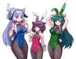  3girls ahoge animal_ears arms_behind_head black_pantyhose blue_bow blue_bowtie blue_leotard bow bowtie breasts brown_hair cat_ears cleavage closed_mouth commentary covered_navel cowboy_shot detached_collar e79 green_hair green_leotard groin headgear large_breasts leotard long_hair looking_at_viewer medium_breasts multiple_girls open_mouth pantyhose pixel_art purple_eyes rabbit_ears rabbit_tail red_bow red_bowtie red_eyes red_leotard short_hair sidelocks simple_background small_breasts tail touhoku_itako touhoku_kiritan touhoku_zunko voiceroid white_background white_hair wrist_cuffs yellow_eyes 