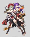  2girls absurdres alternate_costume bandages bandeau black_choker black_kimono black_sash breasts byleth_(female)_(fire_emblem) byleth_(fire_emblem) chest_sarashi choker cleavage clenched_teeth dagger dual_wielding english_commentary fire_emblem fire_emblem:_three_houses fire_emblem_heroes fire_emblem_warriors:_three_hopes full_body green_eyes green_hair grey_background hair_over_one_eye highres holding holding_dagger holding_knife holding_weapon japanese_clothes kimono knife large_breasts leg_tattoo long_hair midriff multiple_girls navel obi orange_kimono purple_eyes purple_hair sarashi sash shez_(female)_(fire_emblem) shez_(fire_emblem) silvercandy_gum simple_background standing stomach strapless tattoo teeth thighs tube_top weapon 