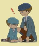 ! 2boys arm_support black_eyes black_footwear blue_headwear blue_jacket blue_necktie blue_socks blue_sweater blush brown_footwear brown_hair brown_pants cabbie_hat collared_shirt commentary_request crying crying_with_eyes_open full_body furrowed_brow future_luke green_shorts hat highres jacket kiwami_(kiwamimuneko) kneeling long_sleeves looking_at_viewer luke_triton male_focus multiple_boys necktie one_eye_closed open_clothes open_jacket open_mouth pants professor_layton professor_layton_and_the_unwound_future shirt shoes short_hair shorts sitting socks suspenders suspenders_hanging sweatdrop sweater tears white_shirt white_socks yellow_background 