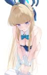  1girl animal_ears bag bare_shoulders blonde_hair blue_archive blue_bow blue_bowtie blue_eyes blue_leotard blush bow bowtie breasts buttons collarbone detached_collar earpiece fake_animal_ears hair_bow halo highres holding holding_bag large_breasts leotard long_hair looking_at_viewer microphone no_panties official_alternate_costume open_mouth playboy_bunny rabbit_ears sidelocks simple_background solo standing strapless strapless_leotard thighhighs toki_(blue_archive) toki_(bunny)_(blue_archive) tomu_(tom_309k) tongue white_background white_bag white_thighhighs wing_collar wrist_cuffs 