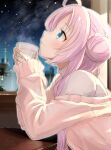  1girl absurdres ahoge akeuchi_yuu artist_name blue_eyes cardigan closed_mouth cup dated elbow_rest fluno hair_bun highres holding holding_cup hoshikuzu_telepath long_hair long_sleeves looking_up night night_sky off_shoulder pink_cardigan pink_hair profile shirt sky solo star_(sky) starry_sky table tokyo_(city) tokyo_skytree turtleneck upper_body white_shirt window 