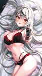  1girl absurdres aiming_at_viewer bare_arms bare_shoulders black_bra black_choker black_panties bra breasts choker cleavage fang frilled_bra frilled_panties frills grey_hair gun hair_ornament hair_spread_out hairclip hand_up handgun heart highres holding holding_gun holding_weapon hololive large_breasts lingerie long_hair looking_at_viewer luna_nyann lying multi-strapped_panties multicolored_hair navel on_back open_mouth outstretched_arm panties red_eyes sakamata_chloe smile solo stomach streaked_hair thighs underwear underwear_only very_long_hair virtual_youtuber weapon x_hair_ornament 