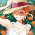  1girl arm_up armpits bare_arms bare_shoulders blurry blurry_background collarbone commentary doodlz1p food fruit hand_on_headwear hat highres light_blush looking_to_the_side mandarin_orange nami_(one_piece) one_eye_closed one_piece orange_eyes orange_hair orange_tree outdoors parted_lips short_hair shoulder_tattoo smile solo straw_hat symbol-only_commentary tank_top tattoo upper_body white_tank_top 