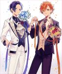  2boys absurdres aoyagi_touya black_hair black_necktie black_pants black_shirt black_suit black_vest blonde_hair blue_eyes blue_flower blue_hair blue_ribbon blue_rose bouquet buttons closed_mouth collared_shirt colored_eyelashes commentary_request ear_piercing earrings feet_out_of_frame flower formal gradient_ribbon groom hair_over_one_eye highres holding holding_bouquet holding_ribbon jacket jewelry lapels layered_clothes leaf light_blue_hair long_bangs long_sleeves looking_at_viewer male_focus multicolored_hair multiple_boys necktie notched_lapels open_fly orange_eyes orange_hair orange_ribbon pants parted_hair parted_lips partial_commentary patterned_clothing petals piercing pink_flower pink_rose pinstripe_pattern pocket project_sekai purple_hair red_flower red_rose ribbon rose shinonome_akito shirt short_hair sideways_glance smile split-color_hair streaked_hair striped striped_vest suit suit_jacket tada_(afuro-daisuki) tuxedo unbuttoned vertical-striped_vest vertical_stripes vest waistcoat white_jabot white_jacket white_shirt white_suit wing_collar yellow_flower yellow_rose yellow_vest 