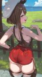  1girl ass ass_focus atelier_(series) atelier_ryza atelier_ryza_3 braid breasts brown_eyes brown_hair gloves hair_ornament hat highres hood_(james_x) huge_ass jewelry looking_at_viewer looking_back red_shorts reisalin_stout shirt short_hair short_shorts shorts single_glove skindentation smile solo thick_thighs thighhighs thighs white_headwear 