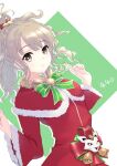  1girl bell bow bowtie brown_hair cagasyo capelet closed_mouth curly_hair dress fur-trimmed_capelet fur_trim hands_up high_ponytail highres jingle_bell lion_mask number_pun out_of_frame ribbon santa_costume santa_dress shishiou_(tenka_hyakken) sidelocks smile solo tenka_hyakken upper_body yellow_eyes 