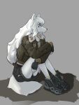  absurd_res anthro blue_eyes bottomwear canid canine canis clothing female footwear fur gfox404 gloves hair handwear hi_res jacket mammal shorts solo topwear white_body white_fur white_hair wolf 