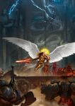  absurdres adeptus_astartes angel_wings angron armor blonde_hair blood_angels chain_axe corpse david-sondered decapitation demon_primarch dynamic_pose fighting flying highres holding holding_sword holding_weapon imperium_of_man lightning long_hair outdoors palace primarch sanguinius skull stairs sword warhammer_40k weapon wings world_eaters 