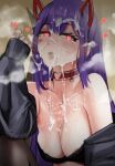  1girl absurdres after_fellatio akuma_nihmune blush bra breasts choker commentary crying crying_with_eyes_open cum cum_on_body cum_on_breasts cum_on_hair demon_girl demon_horns facial hair_between_eyes hair_ornament hairclip heart heart-shaped_pupils highres horns indie_virtual_youtuber jacket long_hair long_sleeves looking_at_viewer medium_breasts mole mole_under_eye open_clothes open_jacket open_mouth pupi_(rain_prophet) purple_hair solo symbol-shaped_pupils tears teeth tongue underwear virtual_youtuber 