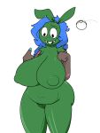  anthro big_breasts black_eyes blue_hair bodily_fluids breasts butt cookiescrypt eyelashes female generation_5_pokemon genitals green_body green_skin hair hi_res messy_hair nintendo nipples overbite pokeball pokemon pokemon_(species) pussy sharp_teeth simple_background solo sweat sweatdrop teeth thick_thighs trubbish white_background wide_hips 
