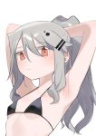  1girl agoshi_sakina armpits arms_behind_head arms_up bikini black_bikini blush breasts closed_mouth commentary_request expressionless fish_hair_ornament grey_hair hair_between_eyes hair_ornament hairclip highres long_hair looking_at_viewer null-meta red_eyes ribs sidelocks small_breasts sofa_(enogunomu) solo swimsuit upper_body wavy_hair white_background 