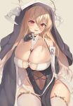  1girl :q azur_lane bare_shoulders between_breasts black_dress black_gloves blonde_hair breast_cutout breasts cleavage covered_navel dress fake_horns gloves grey_background habit hair_between_eyes highres horns huge_breasts implacable_(azur_lane) itaba_atsushi long_bangs long_hair looking_at_viewer navel nun parted_lips pelvic_curtain red_eyes revealing_clothes see-through simple_background skindentation solo thighhighs tongue tongue_out two-tone_dress veil very_long_hair white_horns white_thighhighs 