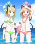  2girls alternate_costume animal_ear_headphones animal_ears arm_up armpits ball beachball bikini blue_archive blue_sky blunt_bangs blurry breasts carrying cat_ear_headphones cleavage cloud cloudy_sky collarbone commentary_request depth_of_field ewai fake_animal_ears green_bikini green_eyes hair_ribbon halo headphones highres horizon in_water jacket light_brown_hair looking_at_viewer low_twintails midori_(blue_archive) momoi_(blue_archive) multiple_girls navel ocean parted_bangs red_bikini red_eyes ribbon sailor_collar short_hair short_sleeves siblings sidelocks sky sleeveless small_breasts smile stomach swimsuit tress_ribbon twins twintails undressing waving white_jacket 