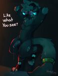  absurd_res anthro bodily_fluids doeboi eloy_(nsfw_def) eyewear genital_fluids glasses glowing glowing_eyes glowing_horn glowing_markings hi_res horn hyena leaking_precum male mammal markings precum solo 