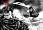  2boys artist_name batm_andrew berserk cloak closed_eyes crossover forehead_protector greyscale guts_(berserk) headband highres holding holding_sword holding_weapon huge_weapon male_focus mask momochi_zabuza monochrome mouth_mask multiple_boys naruto naruto_(series) one_eye_closed rain scar scar_on_cheek scar_on_face squatting sword watermark weapon 